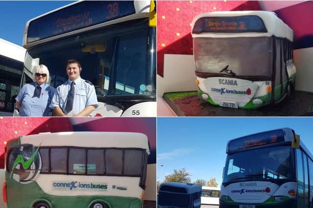 Top left, drivers Nathan and Tracey on their last day of running the 38 bus. Top right, the bus cake presented to the drivers. Bottom left, the bus cake alongside the bus itself. Photos: Leeds Buses on Facebook