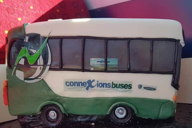 The lifelike bus cake made by Jake Stead which was handed to the bus drivers on the 38 bus today