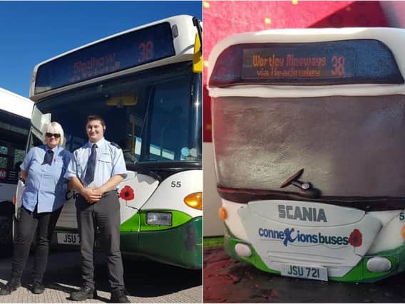 Left: The real life bus with two drivers. Right: the bus cake