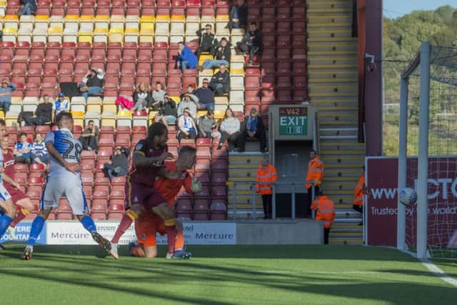 SO CLOSE:  Sean Scannell, of Bradford City, shoots and hits the Bristol goal post. Picture: James Hardisty.