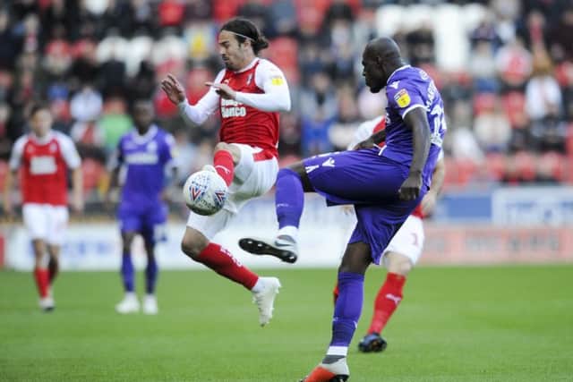 Rotherham United's Ryan Williams beats Stoke City's Bruno Martins Indi to the ball. Picture: Dean Atkins.