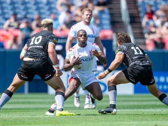 Huddersfield Giants' Jermaine McGillvary in action for England against New Zealand in Denver in June (SWPix.com)