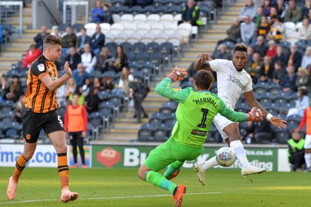 Britt Assombalonga scores Middlesbrough's opening goal past Hull City goalkeeper Davd Marshall.  Picture: Bruce Rollinson