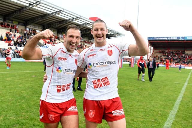 Tommy Lee, and Joel Tomkins, of Hull Kingston Rovers, celebrating the team's win over Widnes Vikings. Pictures: James Hardisty