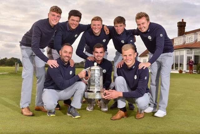Yorkshire's players with their captain Darryl Berry and the English men's county championship trophy (Picture: Leaderboard Photography).