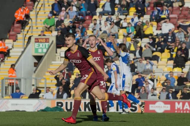 AGONY: George Miller, of Bradford City, reacts after his goal is disallowed. Picture: James Hardistry.