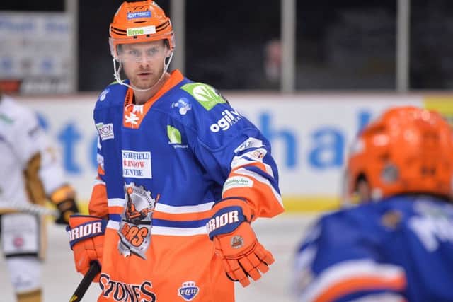 Ryan Martindale scores on his Sheffield Steelers' debut against Notitngham Panthers. Picture: Dean Woolley.