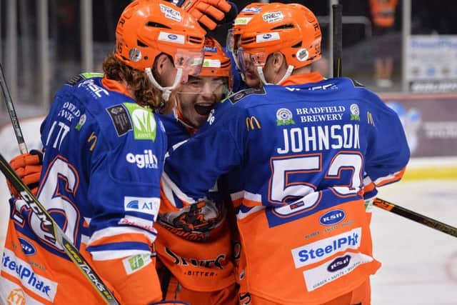 Tanner Eberle celebrates his first goal of the 2018-19 campaign for Sheffield Steelers. Picture: Dean Woolley.