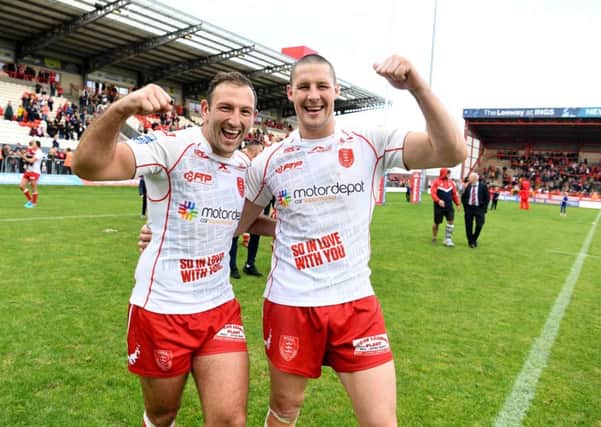 Tommy Lee and Joel Tomkins of Hull Kingston Rovers, celebrating the teams win over Widnes Vikings. (Picture: James Hardisty)