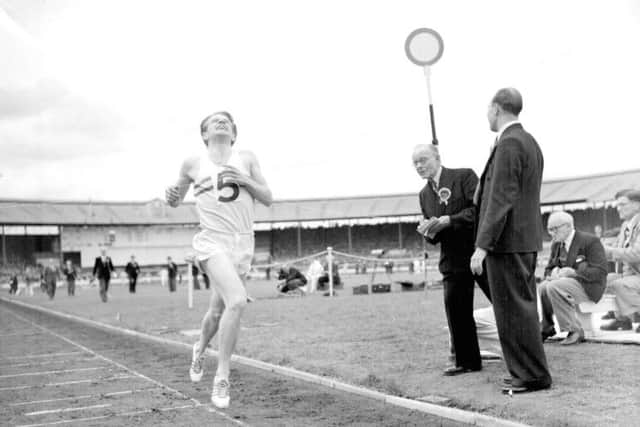 Chris Chataway in 1954 failing by only three-fifths of a second to equal Roger Bannister's world record, but setting the British all-comers, national and native records when he won the two miles international race in 8 minutes and 41 seconds at the British Games at White City Stadium, London