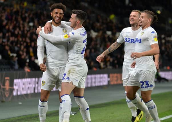 Leeds United striker Tyler Roberts celebrates the winning goal against Hull City in the Championship last night at the KCOM Stadium (Picture: Bruce Rollinson).