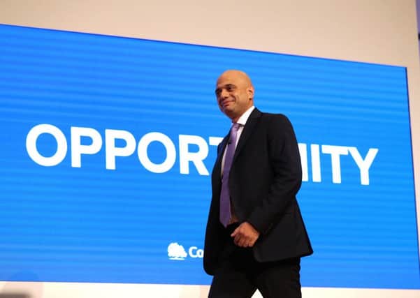 Home Secretary Sajid Javid delivering his party conference speech.