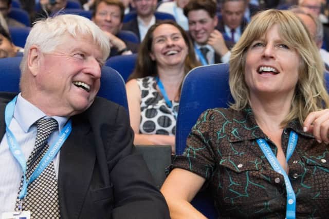 Boris Johnson's father Stanley Johnson and sister Rachel Johnson watch him speaking at a fringe event at the Conservative conference.
