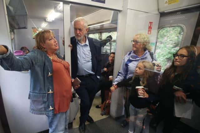 Labour leader Jeremy Corbyn on a TransPennine Express service.