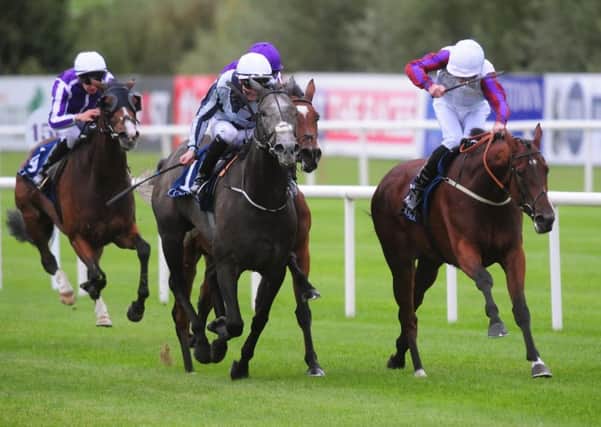 Laurens (right) pictured winning Leopardstown's Matron Stakes. She is due to reappear in the Sun Chariot Stakes at Newmarket under jockey Danny Tudhope who continues to deputise for the injury sidelined PJ McDonald.