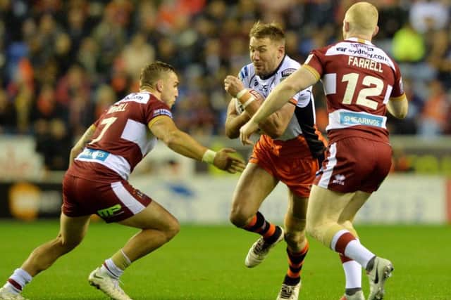 Castleford Tigers captain Michael Shenton on the attack against Wigan (PIC:BRUCE ROLLINSON)