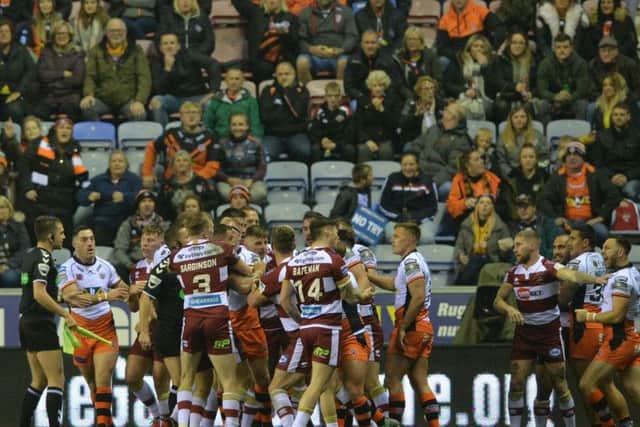 Castleford and Wigan players involved in a melee after Luke Gale's high tackle. (PIC:BRUCE ROLLINSON)