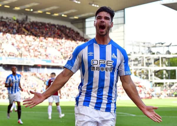 Get in: Huddersfield Town's Christopher Schindler celebrates his first Premier League goal.