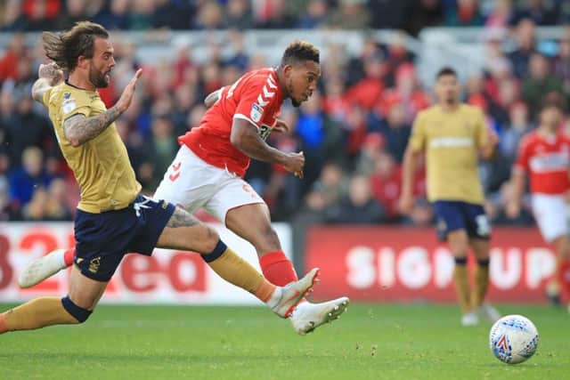 Middlesbrough's Britt Assombalonga shoots during his side's home defeat to Nottingham Forest (Picture: Owen Humphreys/PA Wire).
