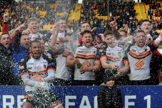 Bradford Bulls players start the party after winning the League 1 Play-Off Final (Simon Hulme)