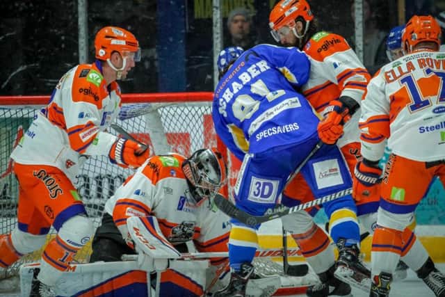 BATTLE: Pressure comes down on the Sheffield Steelers' net during Sunday night's  4-1 loss at Fife Flyers. Picture: Jillian McFarlane/EIHL.