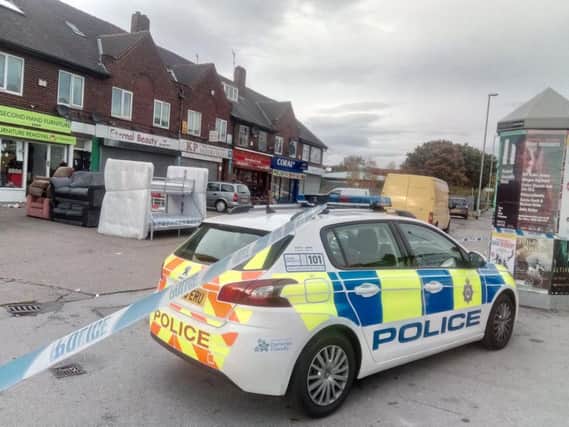 The 24-year-old man was stabbed outside Coral bookmakers on Compton Road in Harehills just before 2pm yesterday (Sunday).