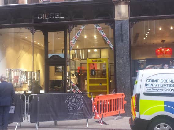 The Diesel shop, located on King Edward Street on the outside of the Victoria Quarter, was targeted between 2am and 4am this morning (Monday).