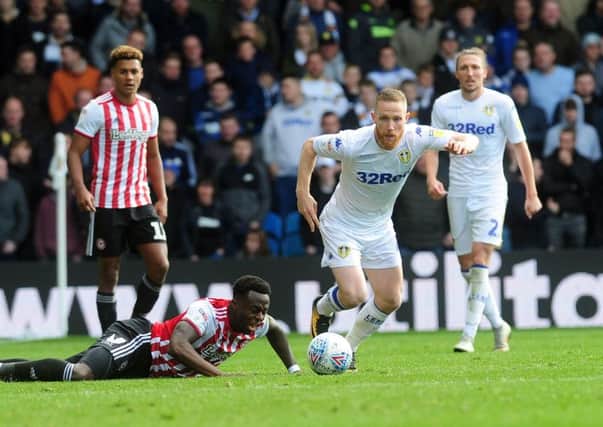 GETTING THERE: Midfielder Adam Forshaw on the ball for Leeds United against Brentford on Saturday. Picture: Simon Hulme