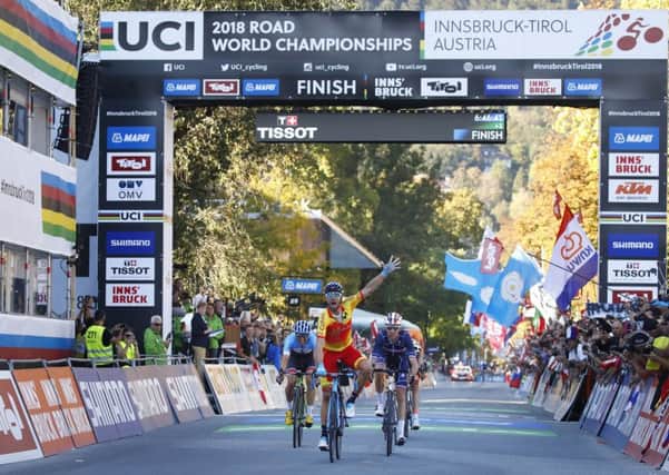 Alejandro Valverde (Spain) wins Men Elite Road Race at the 2018 UCI Road World Championships Innsbruck-Tirol in Austria The podium is completed by Romain Bardet (France) and Michael Woods (Canada). Photo credit: Innsbruck-Tirol 2018 / BettiniPhoto  The Spanish rider Alejandro Valverde won the Men Elite Road Race at the 2018 UCI Road World Championships Innsbruck-Tirol in Austria. Romain Bardet (France) and Michael Woods (Canada) finished second and third respectively.    RESULTS  1 Ã¢Â¬ Alejandro Valverde - 258km in 6h46Ã¢Â¬"41Ã¢Â¬Â, average speed 38.064km/h  2 Ã¢Â¬ Romain Bardet s.t.  3 Ã¢Â¬ Michael Woods s.t.