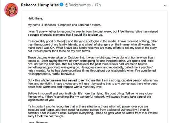 Rebecca Humphries Twitter statement on cheating boyfriend Seann Walsh