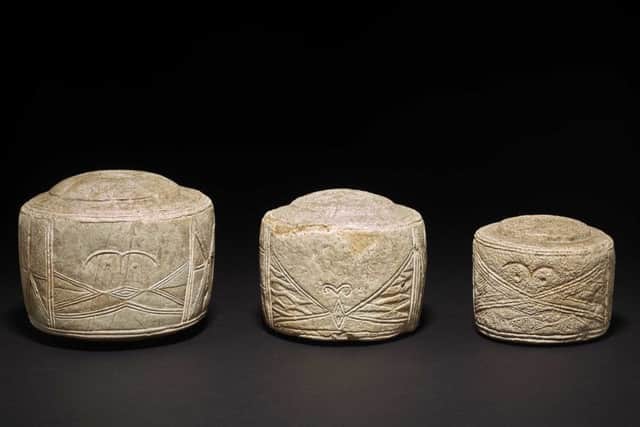 A late Neolithic carved chalk cylinders, known as the Folkton Drums, from Folkton, North Yorkshire, which will go on display at Stonehenge in a new exhibition that reveals the the ebb and flow of our ancient ancestors' relationship with the Continent.