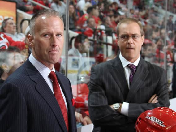 SECOND-IN-COMMAND: Tom Barrasso, alongside Carolina Hurricanes head coach Paul Marurice when working as his assistant between 2009-12. Picture courtesy of Carolina Hurricanes/NHL.