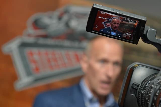 Head coach Tom Barrasso at Thursday morning's press conference at Sheffield Arena. Picture: Dean Woolley.