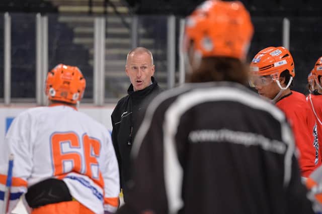 IT GOES LIKE THIS: Tom Barrasso gets his message across to the Sheffield Steelers' players on Thursday morning. Picture; Dean Woolley.
