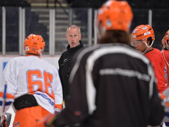 IT GOES LIKE THIS: Tom Barrasso gets his message across to the Sheffield Steelers' players on Thursday morning. Picture; Dean Woolley.