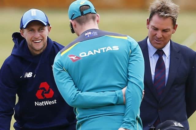 England captain Joe Root chats with Australia's Steve Smith and Shane Warne in Perth