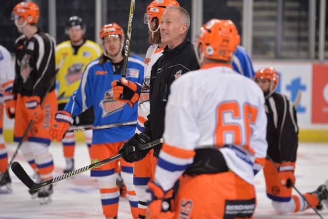 Tom Barrasso puts the Sheffield Steelers' players through their paces in practice on Thursday. Picture: Dean Woolley.