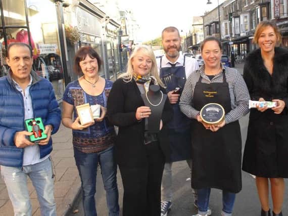 Commercial Street.  Saeid Partow(Iconic Vape), Ruth Hampson(Bean and Bud), Sue Kramer(Crown Jewellers), Alex Tabor(Blue Beards Barber Shop), Gemma Aykroyd (The Cheese Board of Harrogate) and Claire Rose (Miss Claire Rose)