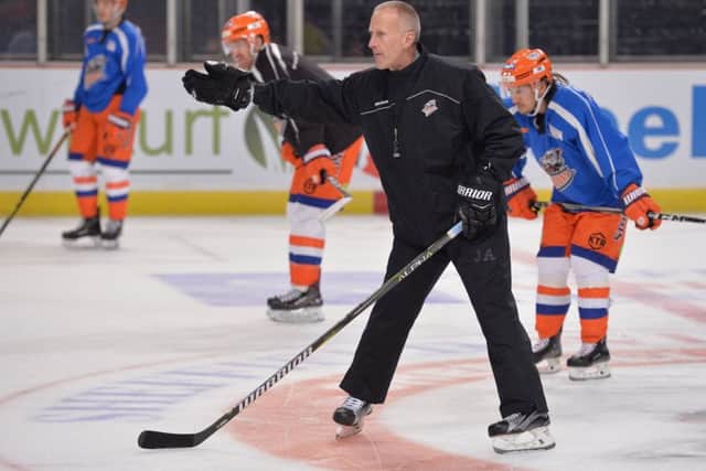 Sheffield Steelers' head coach Tom Barrasso gives instructions to his players during practice at Sheffield Arena.   Picture: Dean Woolley