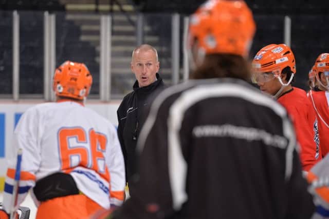 Sheffield Steelers' head coach Tom Barrasso gives instructions to his players at Sheffield Arena. 
Picture: Dean Woolley
