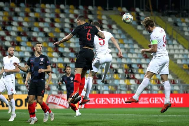 GOING CLOSE: Harry Kane crashes a header against the woodwork, one of several occasions on which England went close to scoring against Croatia in Riejka (Picture: Tim Goode/PA Wire).