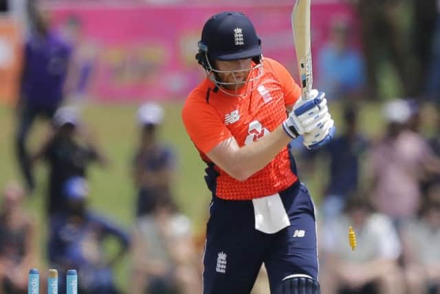 England's Jonny Bairstow is bowled out by Sri Lanka's Thisara Perera during their second one-day international cricket match in Dambulla, Sri Lanka. (AP Photo/Eranga Jayawardena)