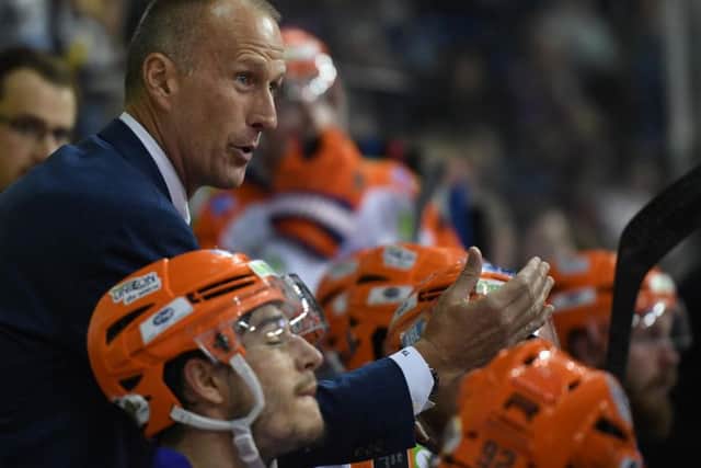 OPENING NIGHT: Tom Barrasso gives instructions to his Sheffield Steelers' players on Saturday night. Picture: Panthers Images