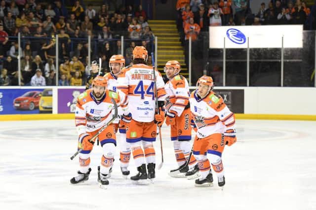 FIGHTING BACK: Shefffield Steelers' players celebrate Mark Matheson's strike early in the third period to make it 2-1. Picture: Panthers Images.