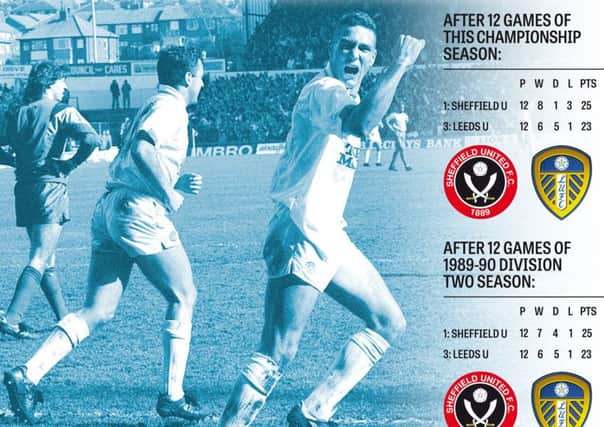Deja vu: Vinnie Jones celebrates as Leeds head toward a 4-0 win against fellow promoted club Sheffield United in 1990. Graphic: Graeme Bandeira
