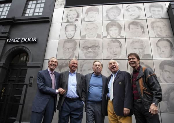 Des O'Connor, Tommy Steele, Lord Andrew Lloyd Webber, Jimmy Tarbuck and Sir Cliff Richard reveal the Wall of Fame, a new art installation at the London Palladium