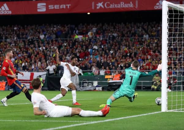 Raheem Sterling scores his second goal and Englands third against Spain during the Nations League match in Seville on Monday night (Picture: Nick Potts/PA Wire).
