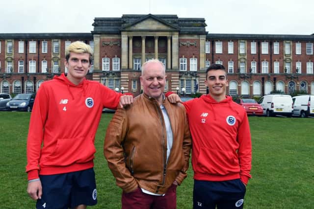 Former Bradford City footballer Mark Ellis, launched the RIASA -  Richmond International Academic Soccer Academy, based locally working from Leeds Beckett University. This unique academic/football programme, offering international students the opportunity to play football across the country and abroad whilst studying for a dual American/UK accredited business degree. Pictured with students Paul Ramsey, left, and Zane Provenzano. (Picture: Jonathan Gawthorpe)