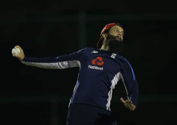 England's Moeen Ali bowls during a practice session ahead of their third ODI with Sri Lanka in Pallekele (Picture: Eranga Jayawardena/AP).