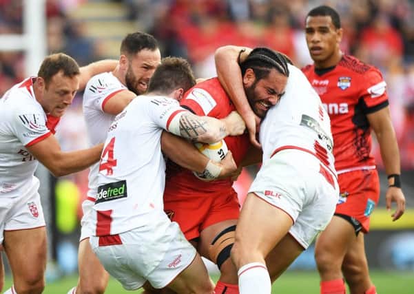 Leeds Rhinos' new signing Konrad Hurrell in action against England for Tonga during last year's World Cup semi-final.